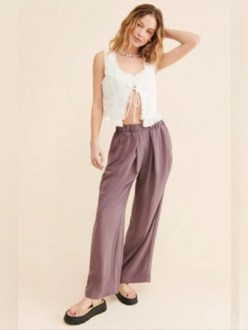Free People Wide-Leg Pleated Trousers in  Mauve Size Small Contemporary Y2K